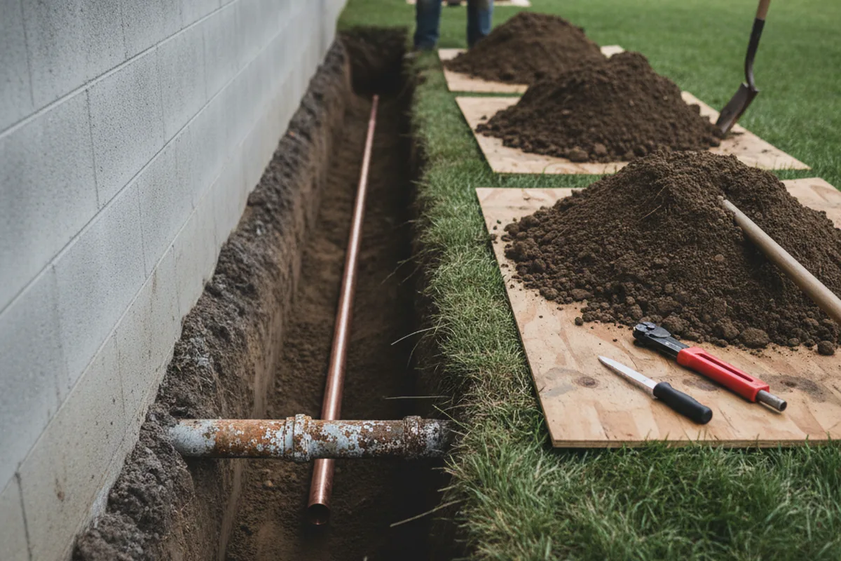 Excavated water line trench during Water Softener Installation in Anderson